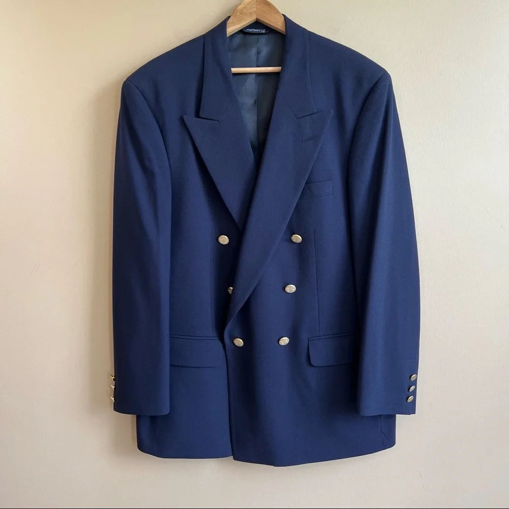 Vintage BURBERRY Men’s Navy Double Breasted Sports Coat Made in USA - Picture 1 of 10